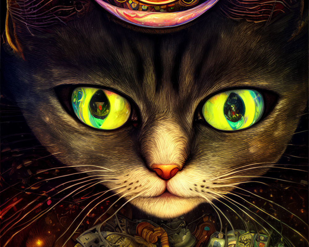 Colorful Steampunk Cat Illustration with Green Eyes and Cosmic Hat