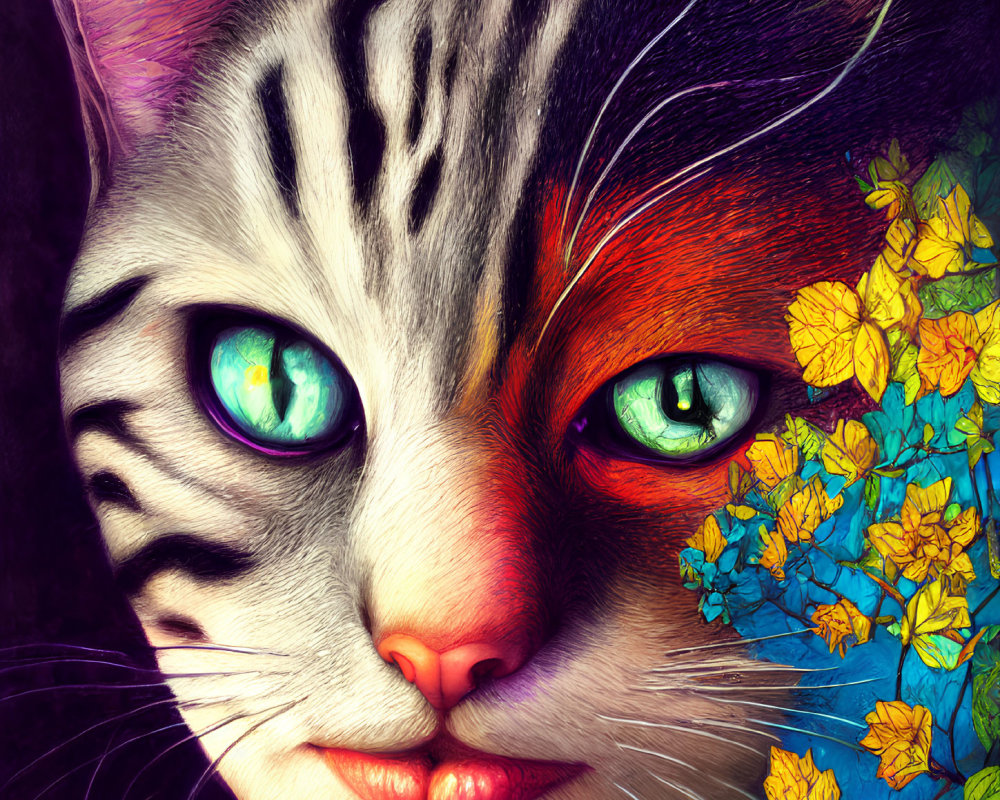 Colorful Cat Illustration with Striking Blue Eyes and Autumn Leaves Theme