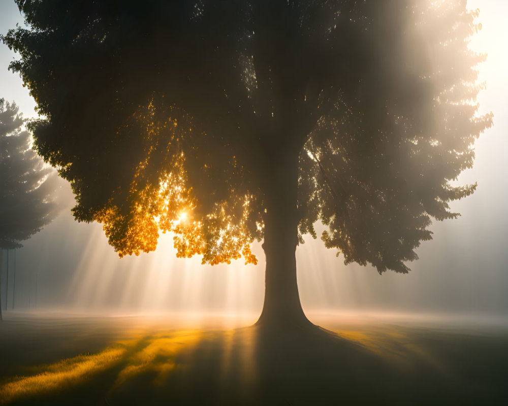 Majestic tree with sunbeams in misty landscape