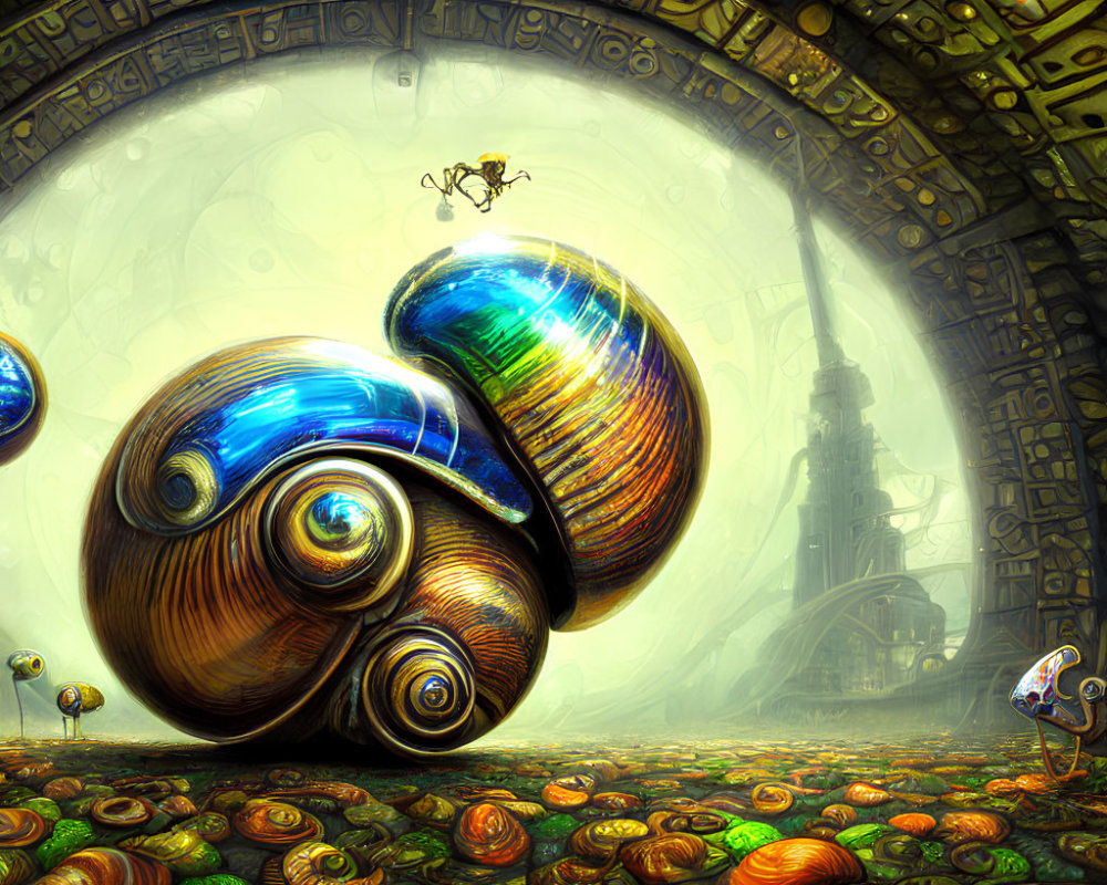 Colorful Surreal Illustration of Oversized Snail with Elaborate Shells