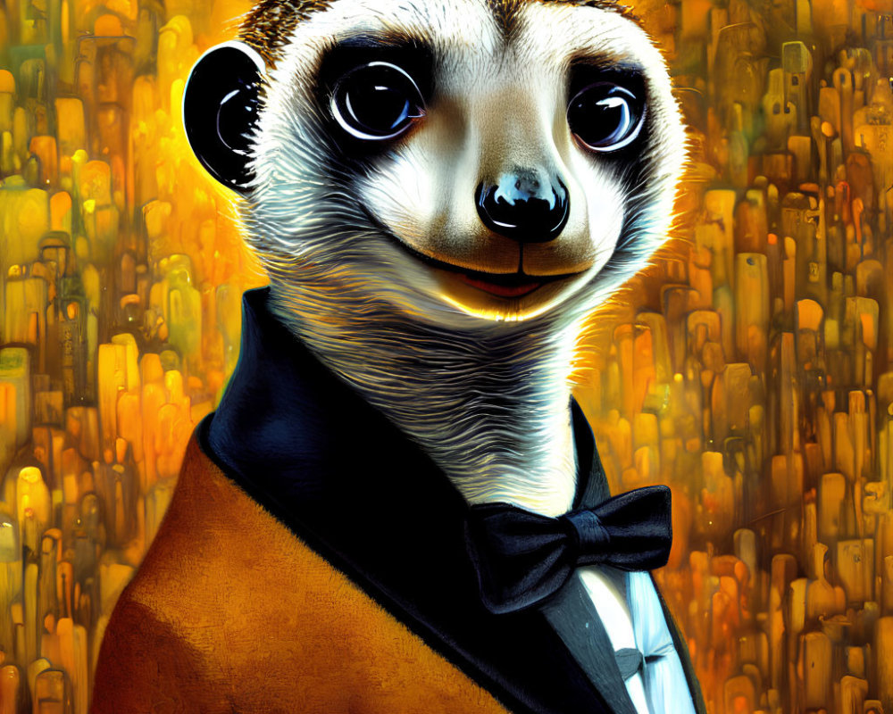 Meerkat in Suit and Bow Tie Against Golden Cityscape