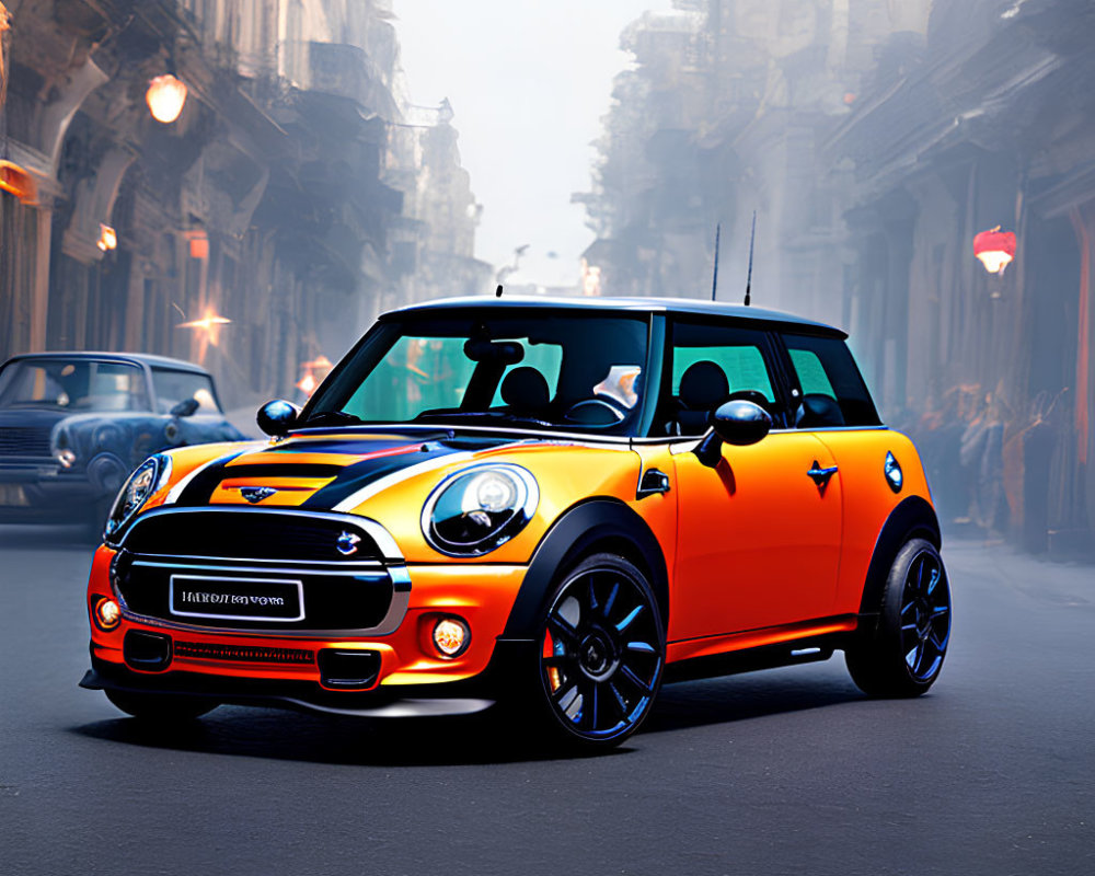 Orange Mini Cooper with Black Stripes Parked on Misty Street