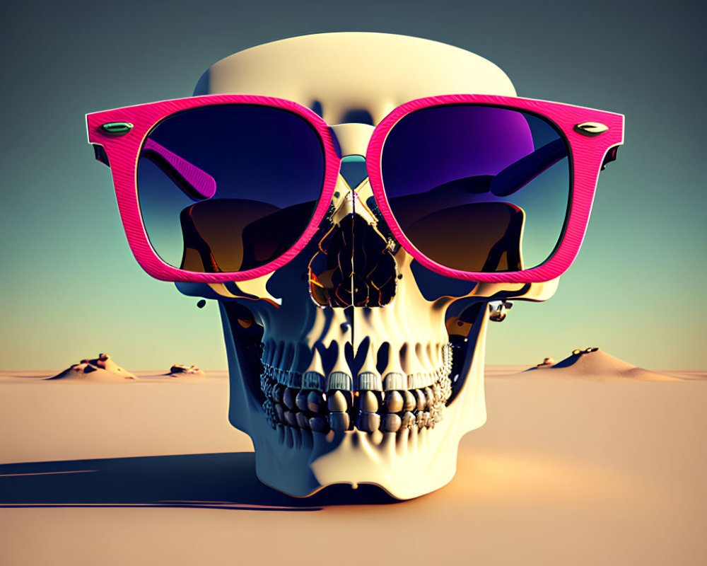 Human skull with pink sunglasses in desert landscape.