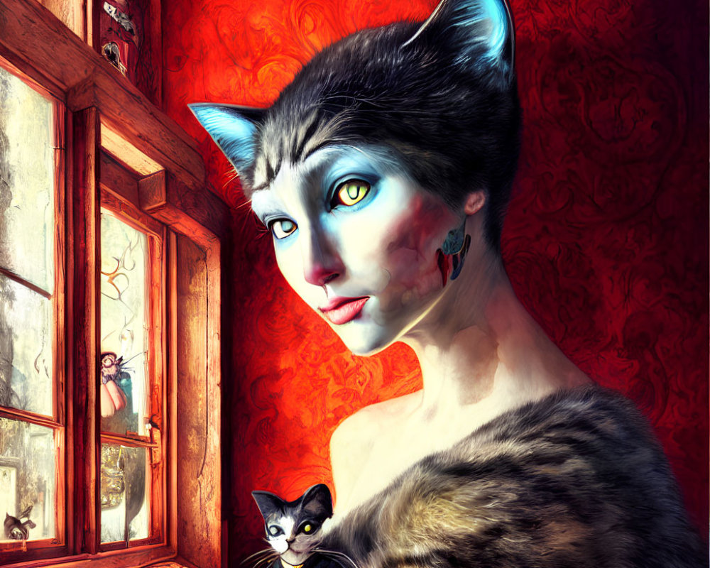 Surreal image: Woman with cat-like features holding a cat by a window