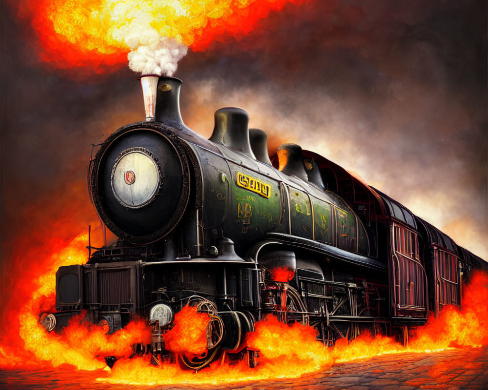 Dramatic steam locomotive artwork with fiery explosion and smoldering sky