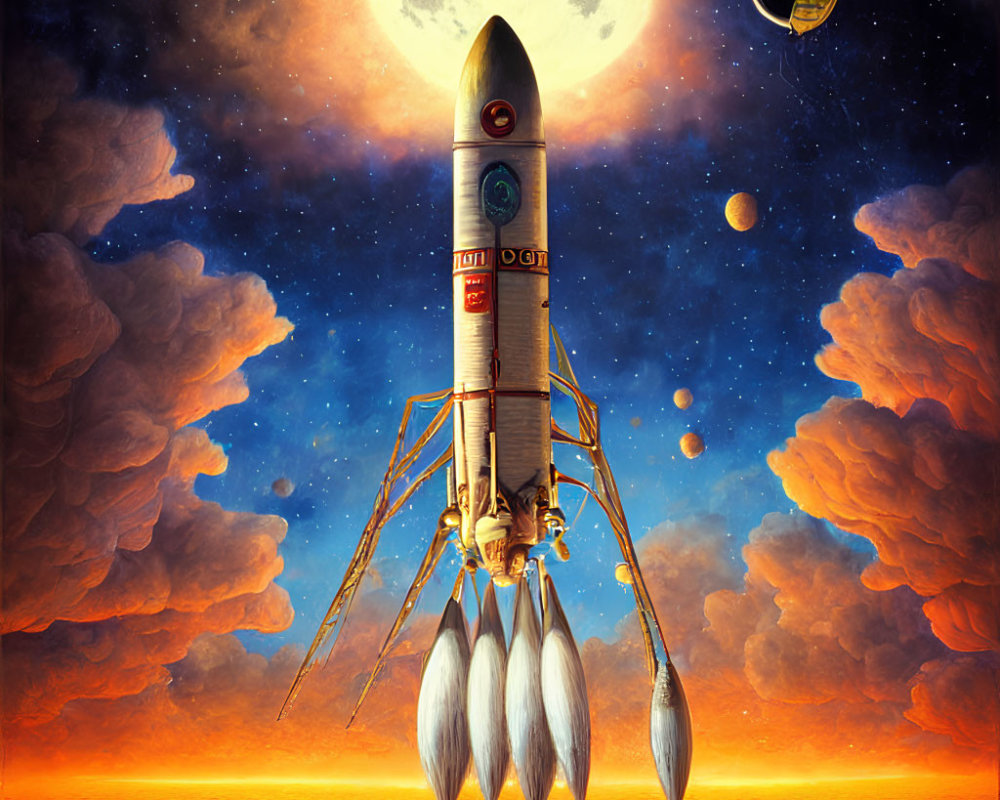 Fantastical rocket with legs ready for liftoff amidst Earth, whimsical moon, and planets