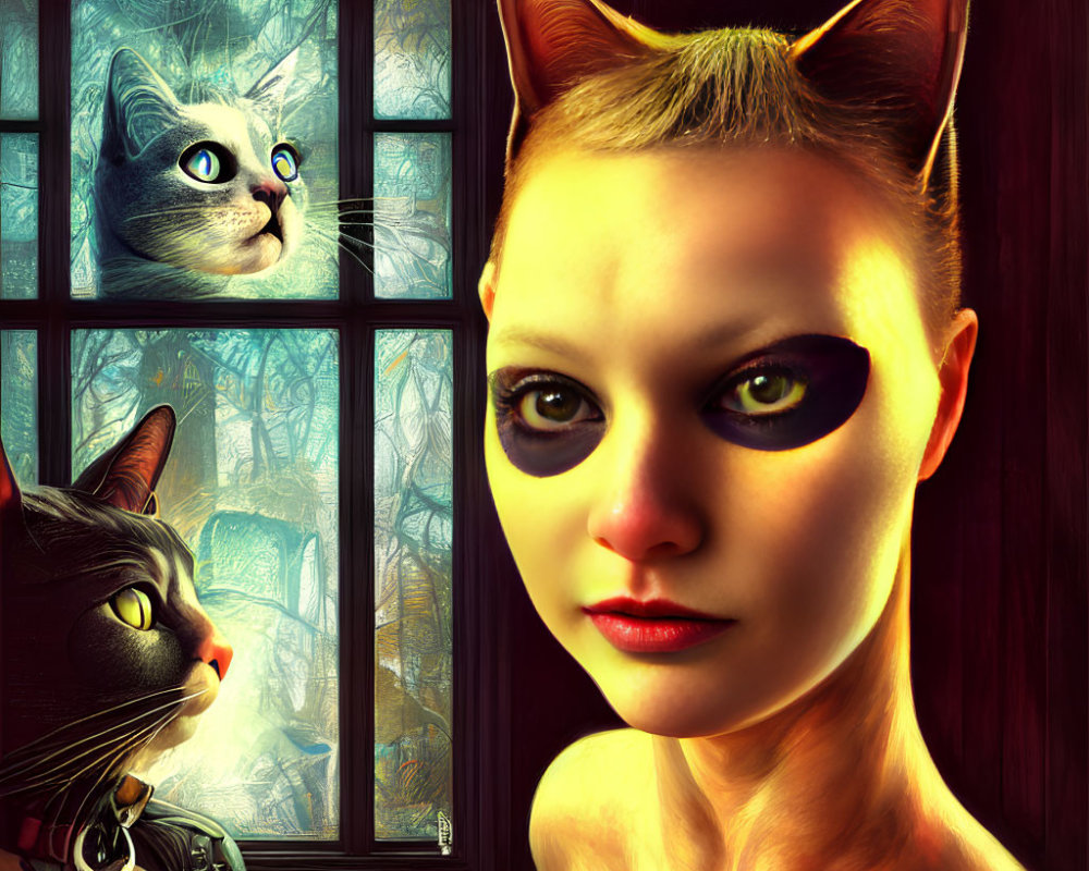 Surreal image of woman with cat-like features and two realistic cats