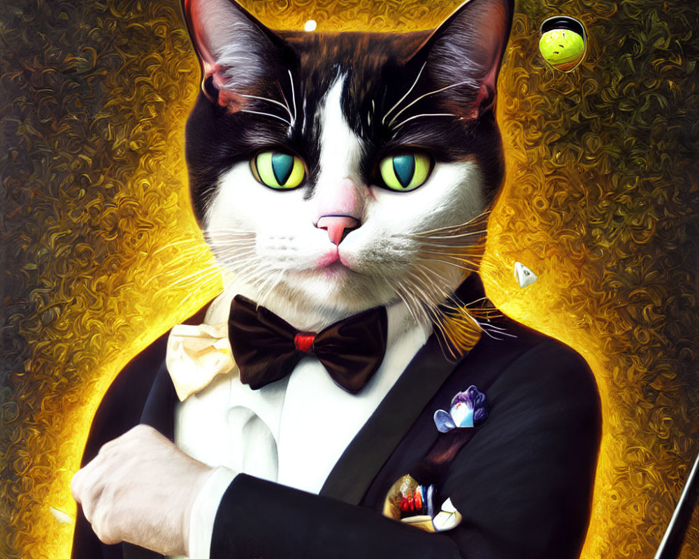 Dapper cat in tuxedo and bow tie on golden background