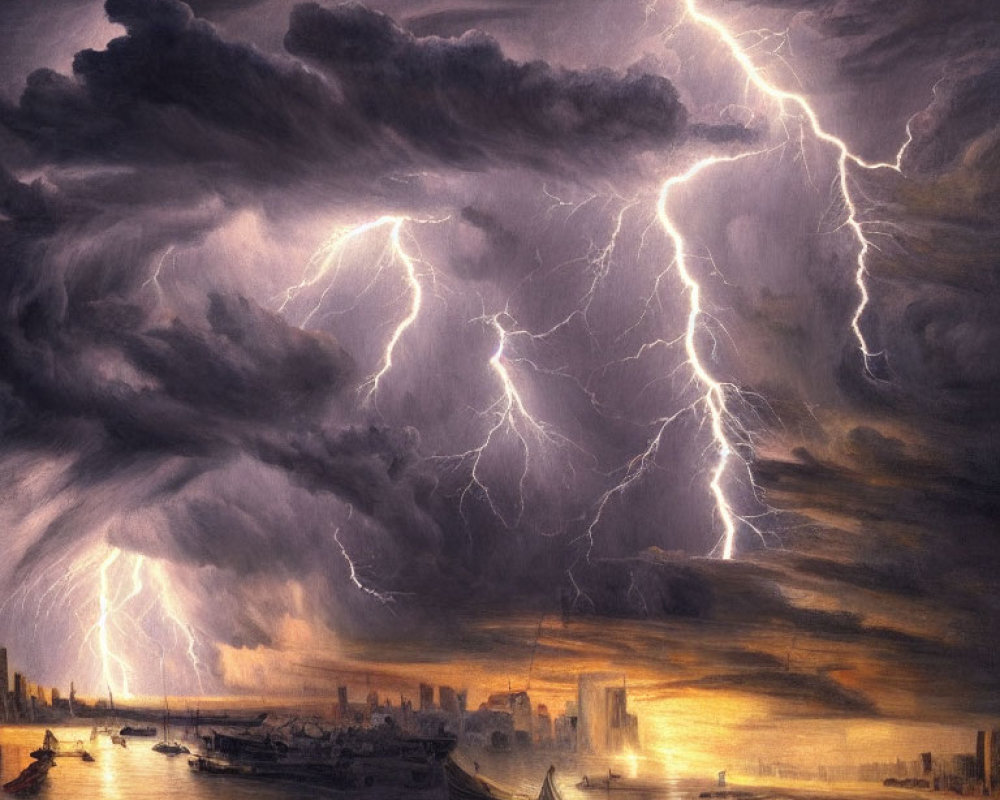 Maritime scene with lightning storm over cityscape