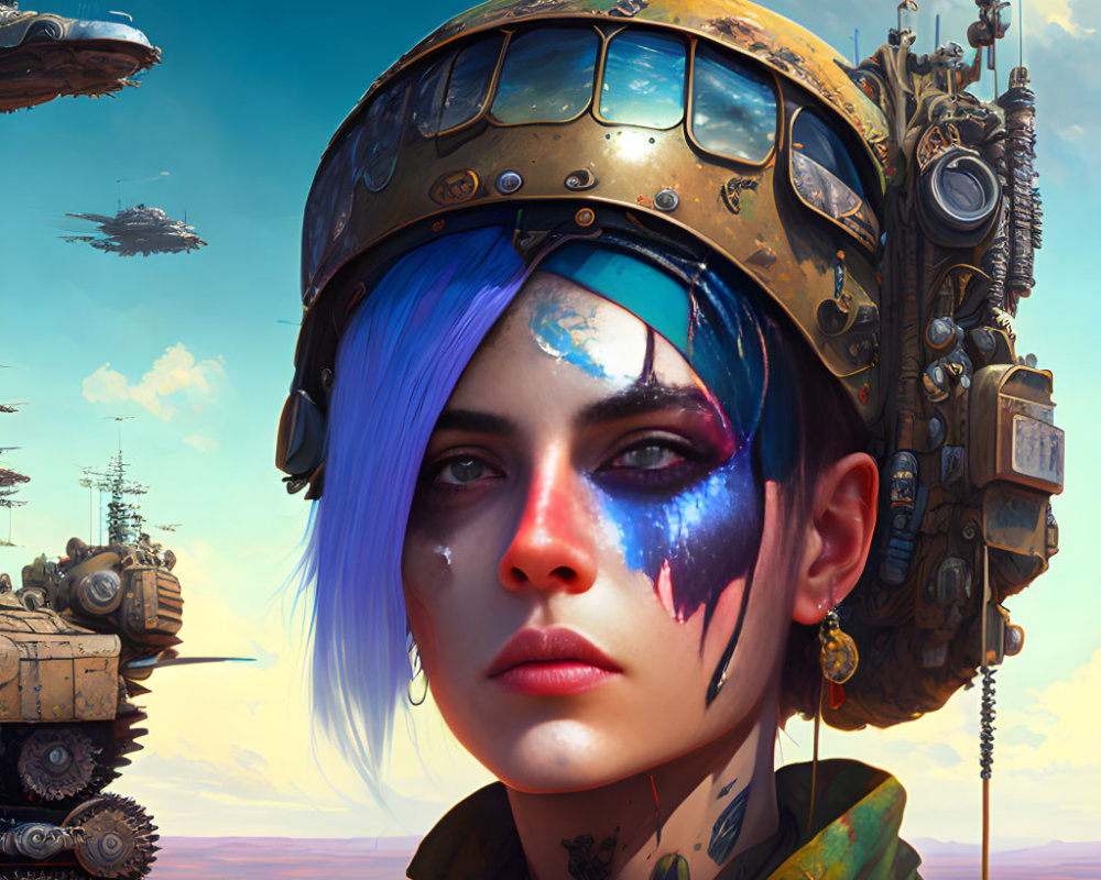 Blue-haired woman in face paint with intricate helmet in futuristic desert scene