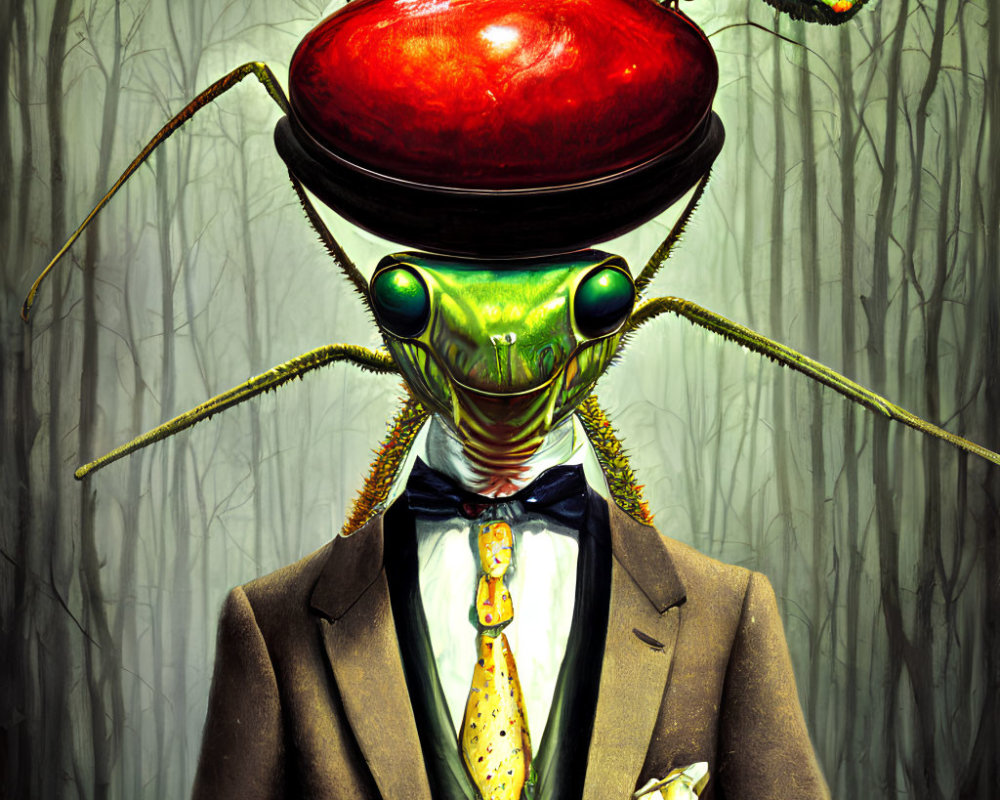 Illustration of mantis humanoid in suit with apple head in forest