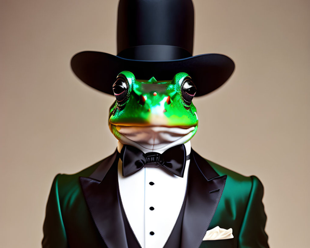 Whimsical frog with human body in tuxedo and top hat