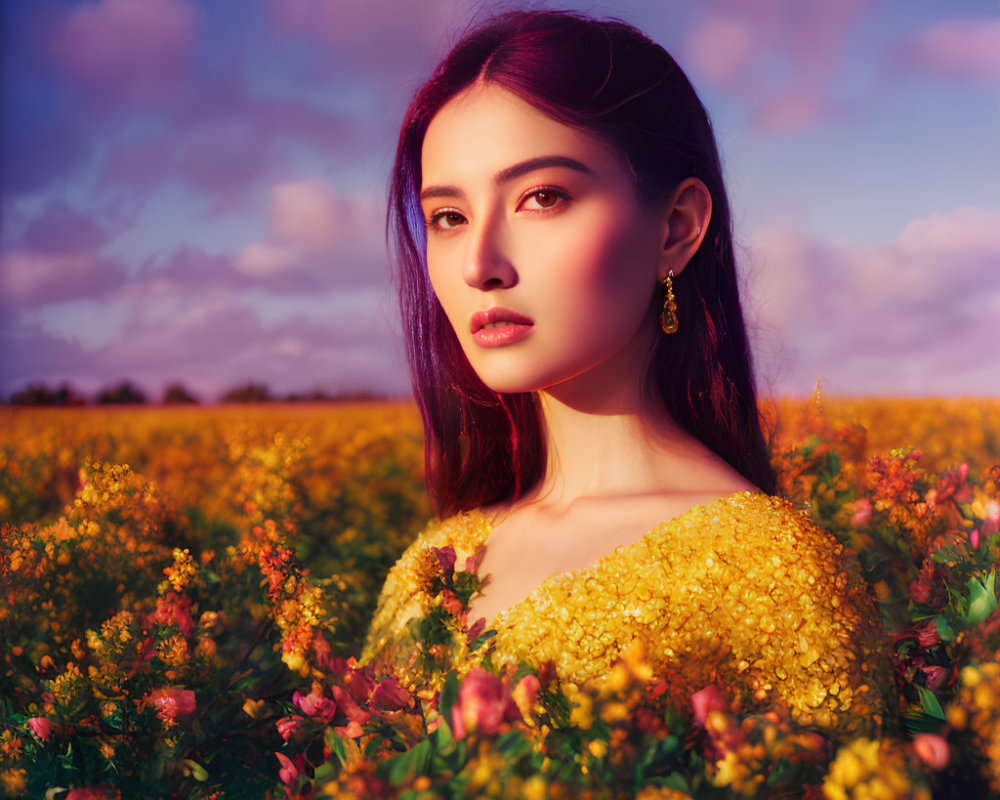 Dark-haired woman in yellow dress surrounded by vibrant flowers under purple dusk sky