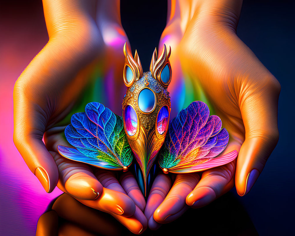 Vibrant peacock feather mask held by two hands under neon light