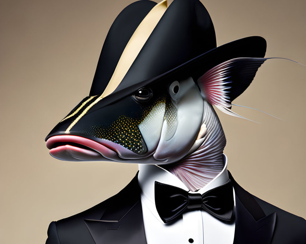 Stylized fish illustration in black suit, bow tie, and fedora hat