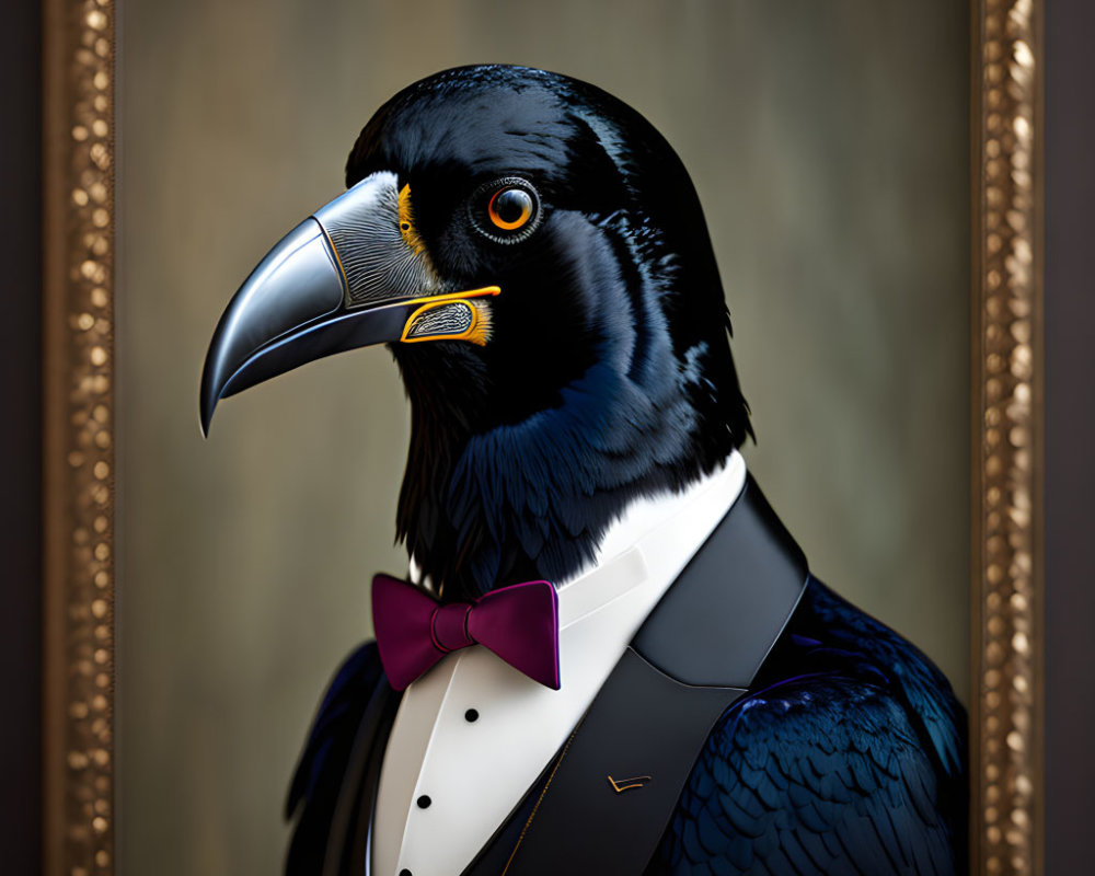 Anthropomorphic Raven in Tuxedo Portrait with Purple Bow Tie