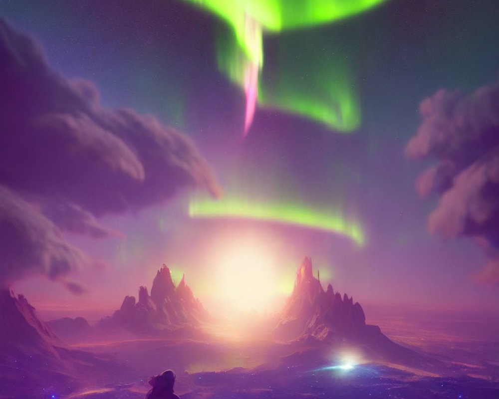 Person silhouette admiring vibrant aurora over mystical landscape