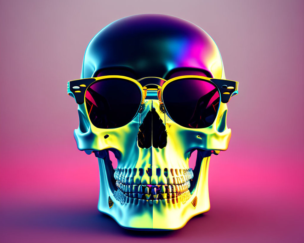 Iridescent human skull with sunglasses on pink and purple gradient background