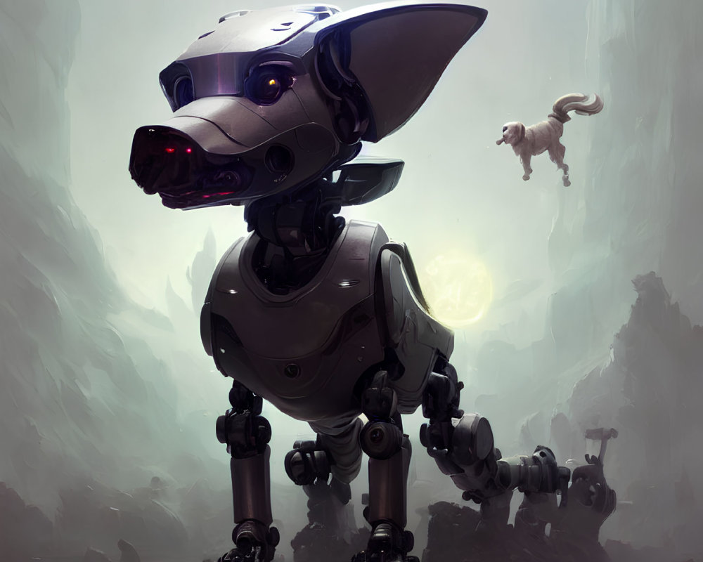 Stylized robotic dog in misty landscape with playful natural dog