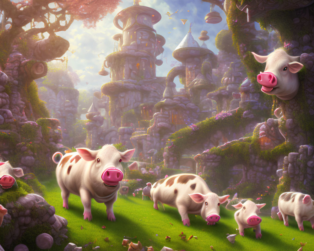 Cartoon pigs in fantastical landscape with floating platforms