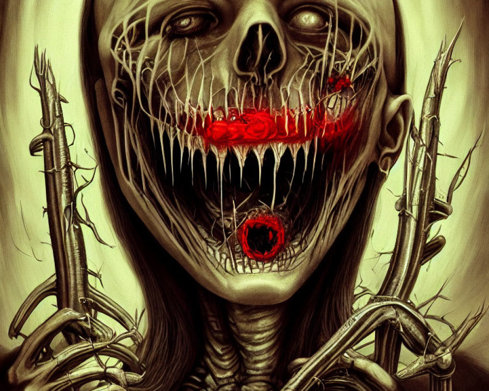 Eerie skeletal figure with red lips and stitched eye sockets in shadowy setting