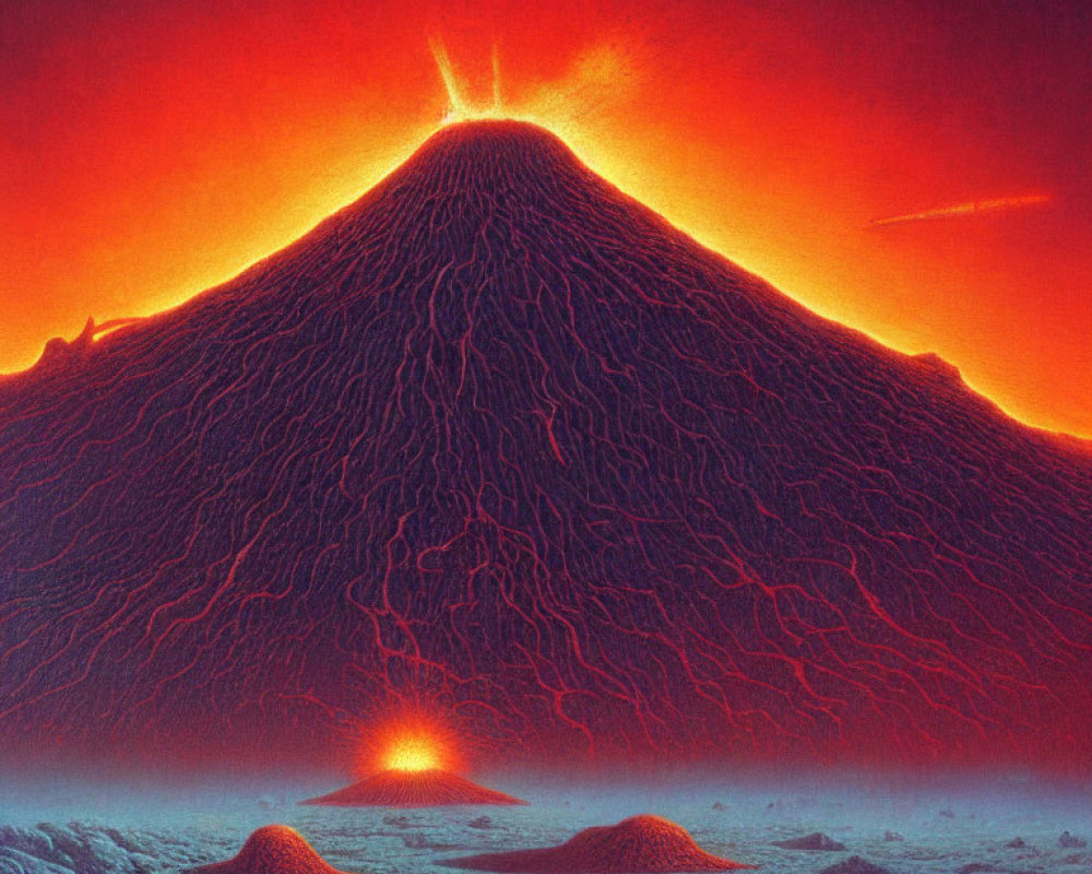 Illustration of volcanic eruption with molten lava and ash clouds in fiery glow