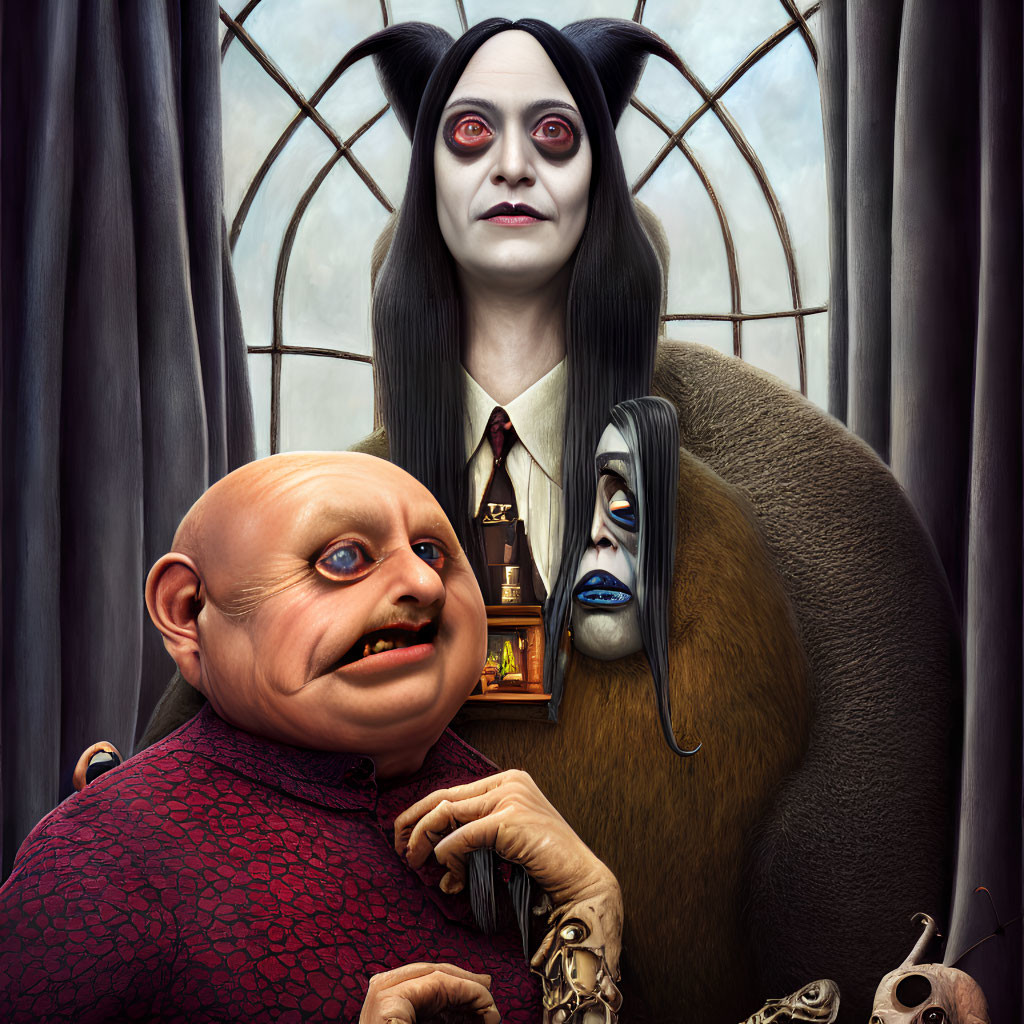 Stylized portrait of two quirky characters against Gothic window backdrop