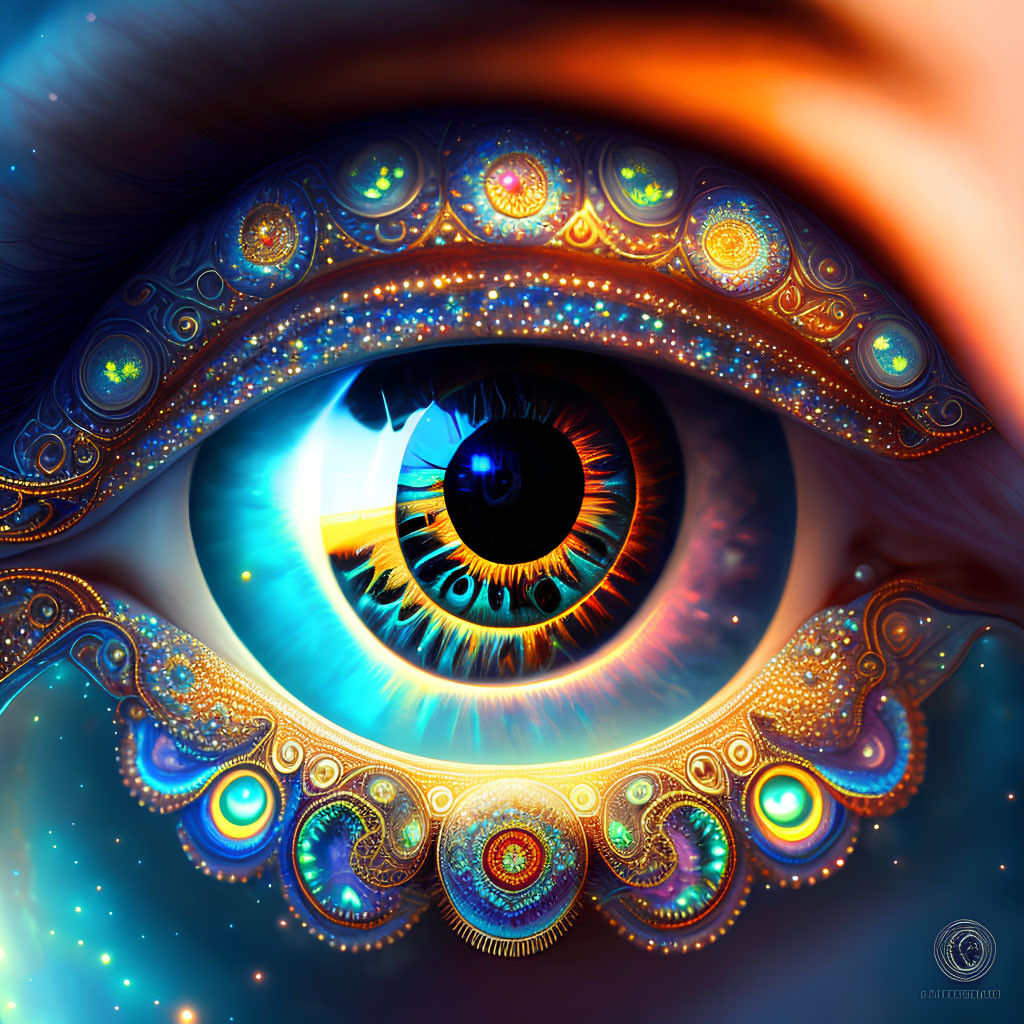 Detailed digital eye art with colorful patterns and cosmic background