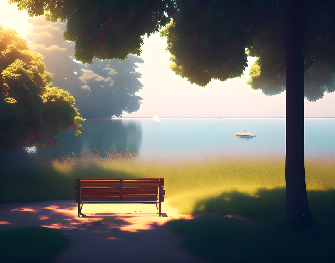 Tranquil park scene: bench under trees at sunset by calm lake