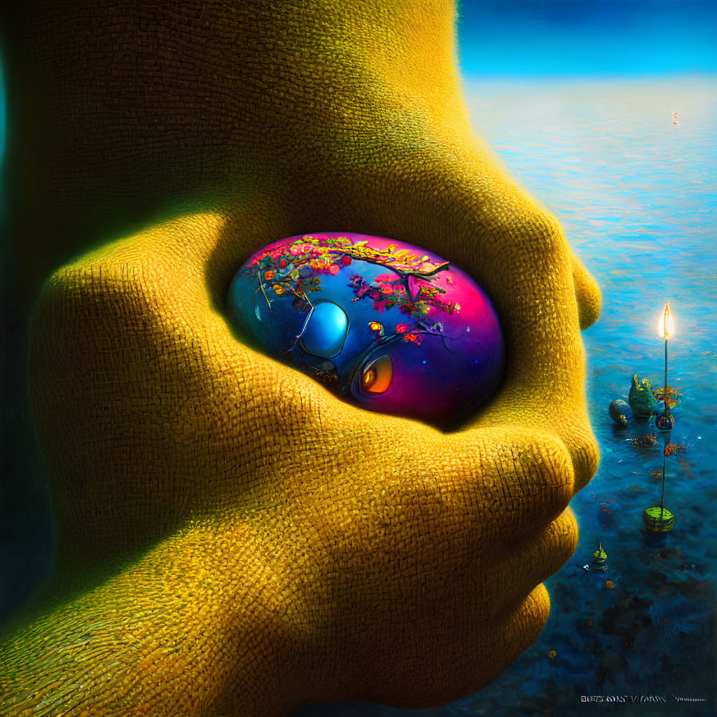 Vibrant planet cradled by large hands in warm illuminated setting