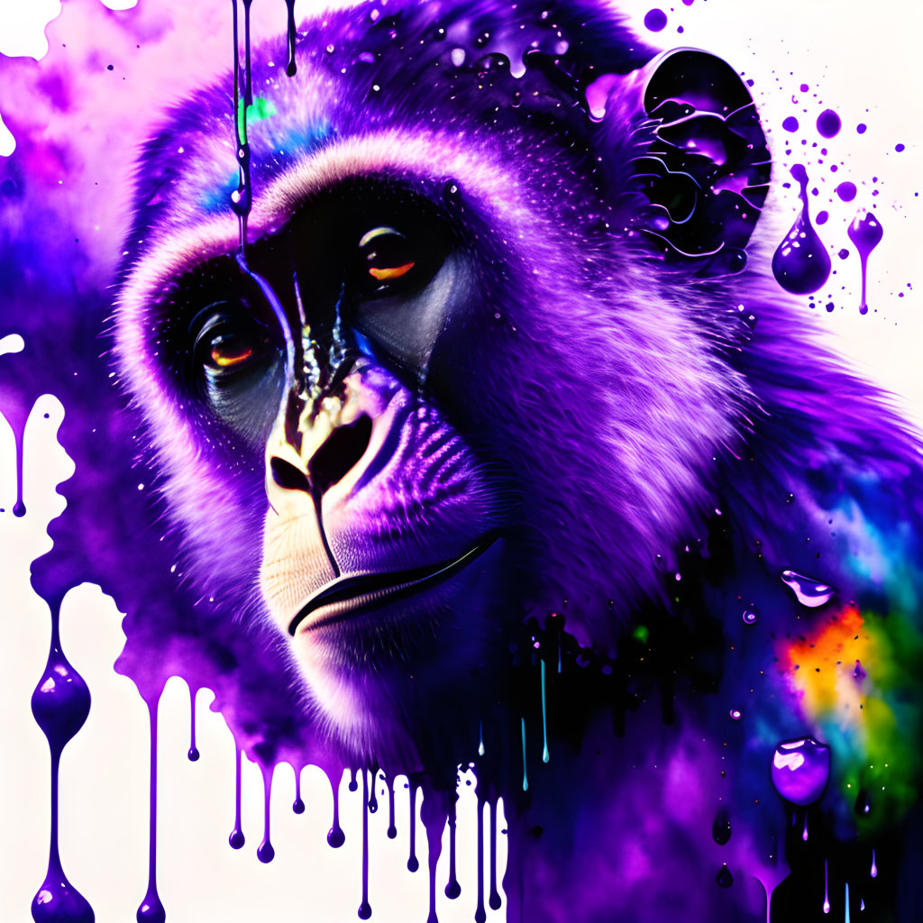 Vibrant purple primate face with ink-drip effect