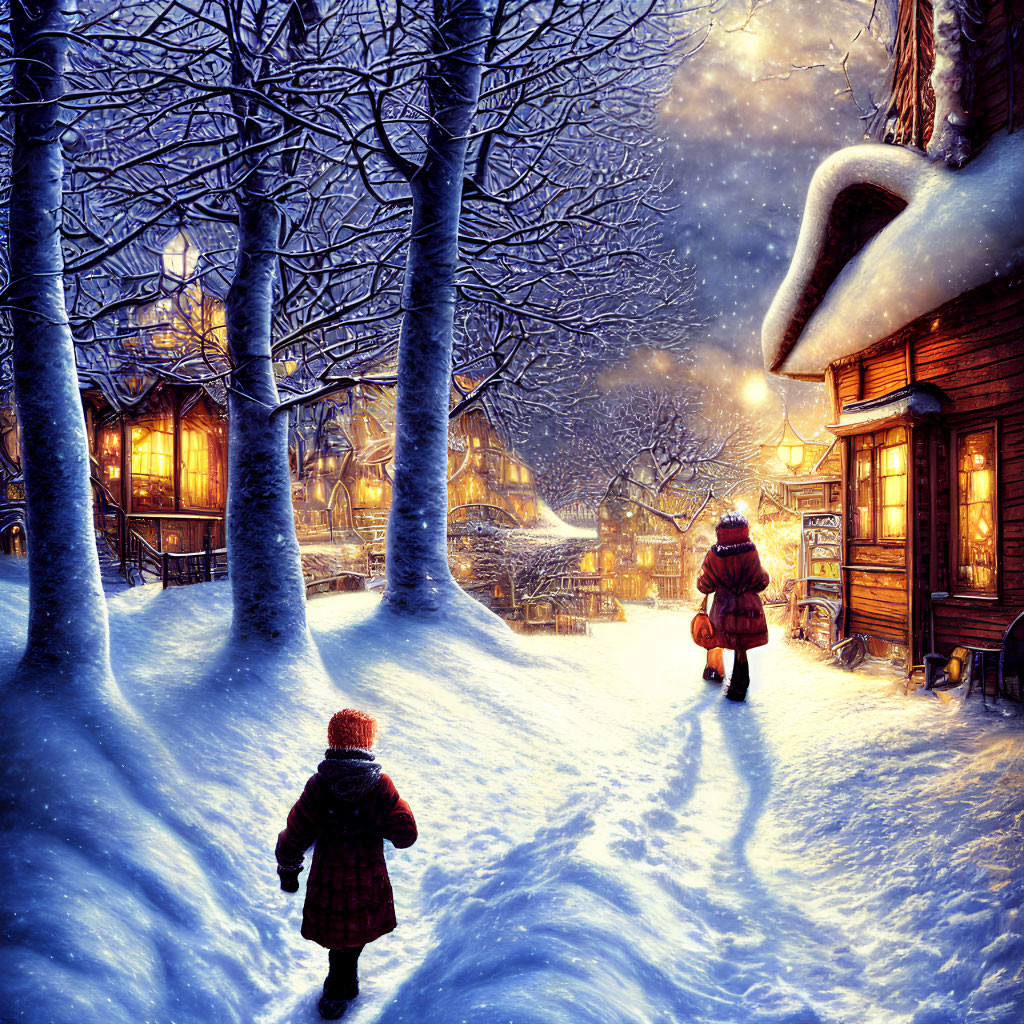 Snowy Evening Scene: Two People Walking Towards Cozy Lit Houses