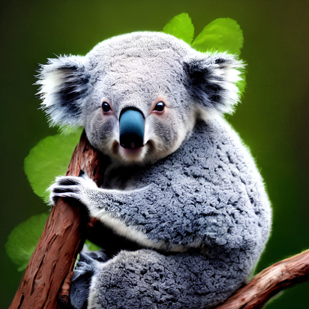 Grey Koala with Large Ears and Black Nose Clinging to Tree Branch