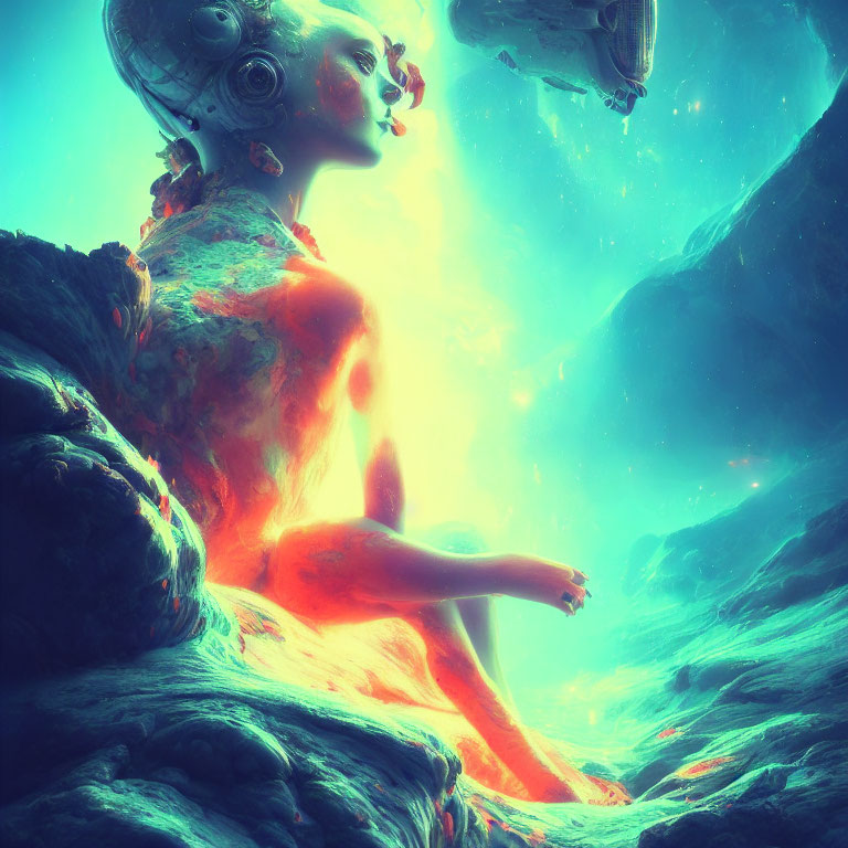 Surreal digital artwork: Female figure merges with landscape under celestial sky