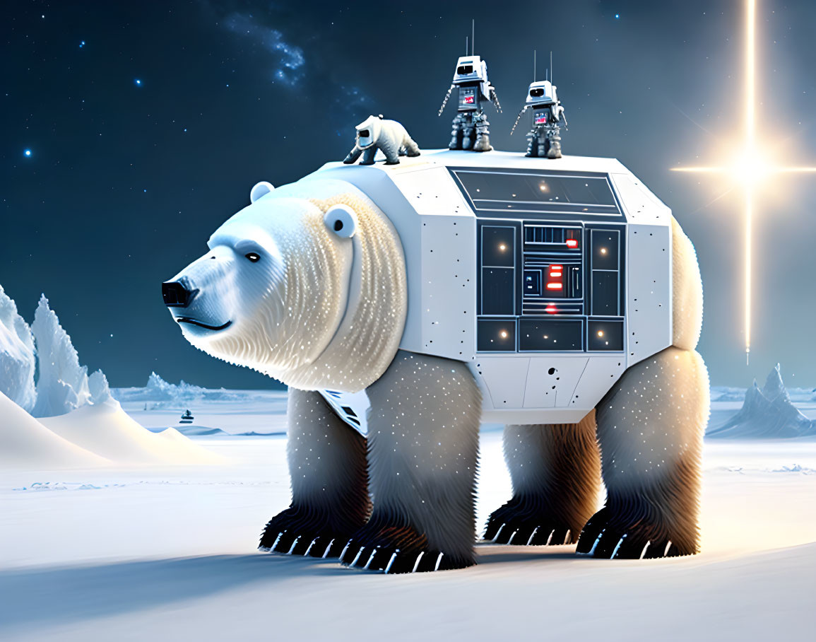 Futuristic digital artwork: Polar bear as mechanical structure in icy landscape