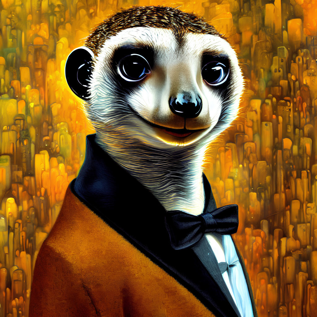 Meerkat in Suit and Bow Tie Against Golden Cityscape