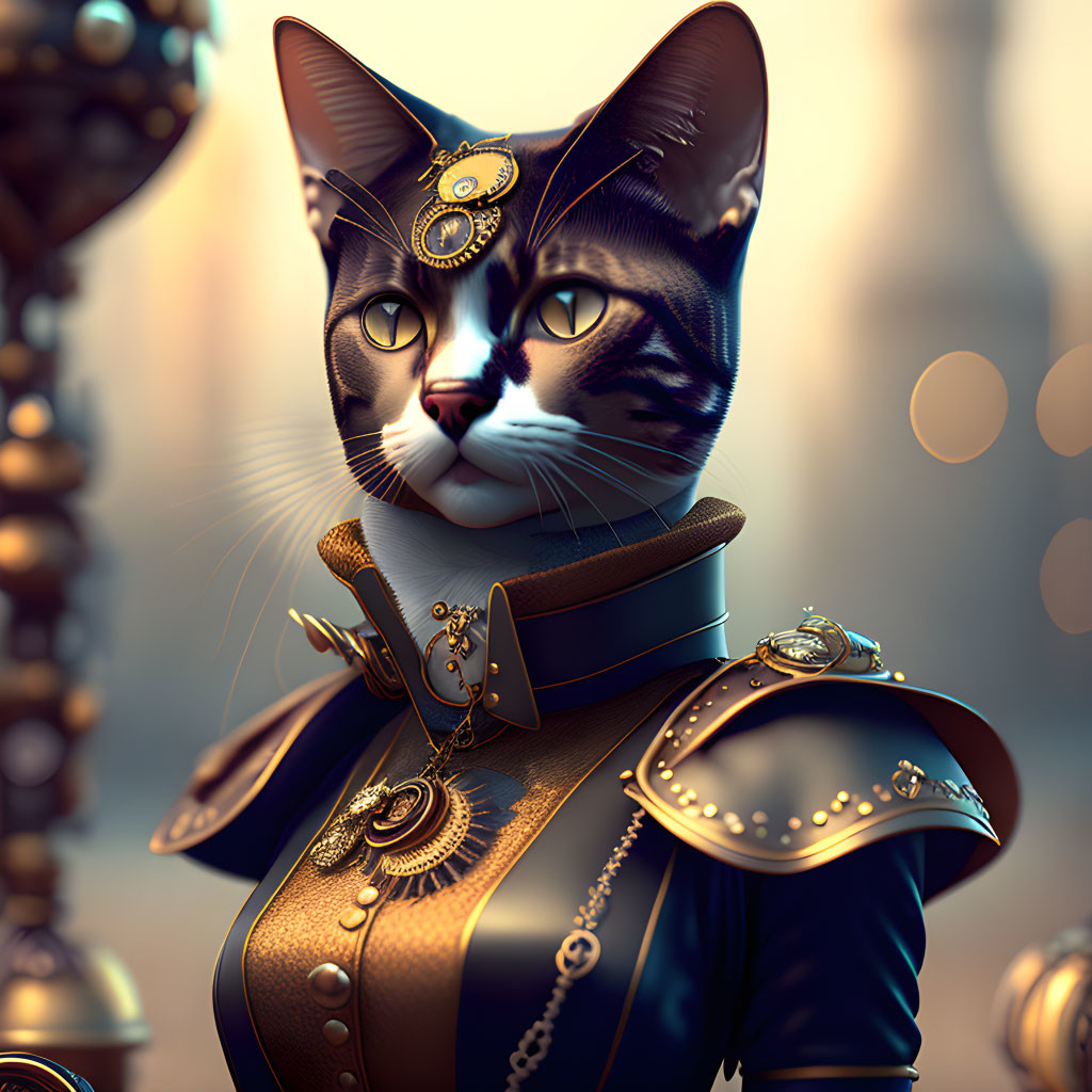 Steampunk-themed digital artwork featuring cat in human-like posture