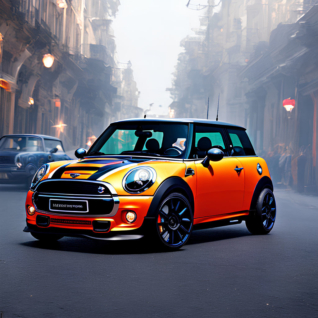 Orange Mini Cooper with Black Stripes Parked on Misty Street