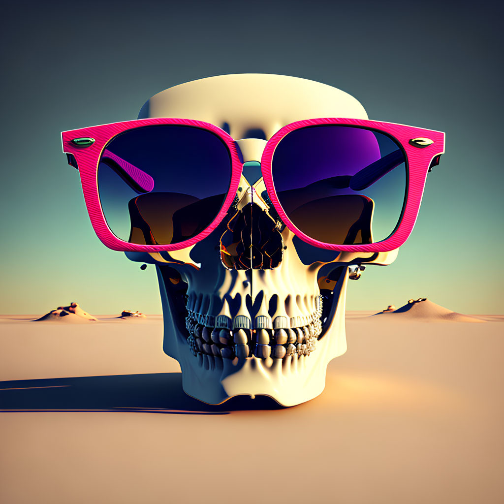 Human skull with pink sunglasses in desert landscape.