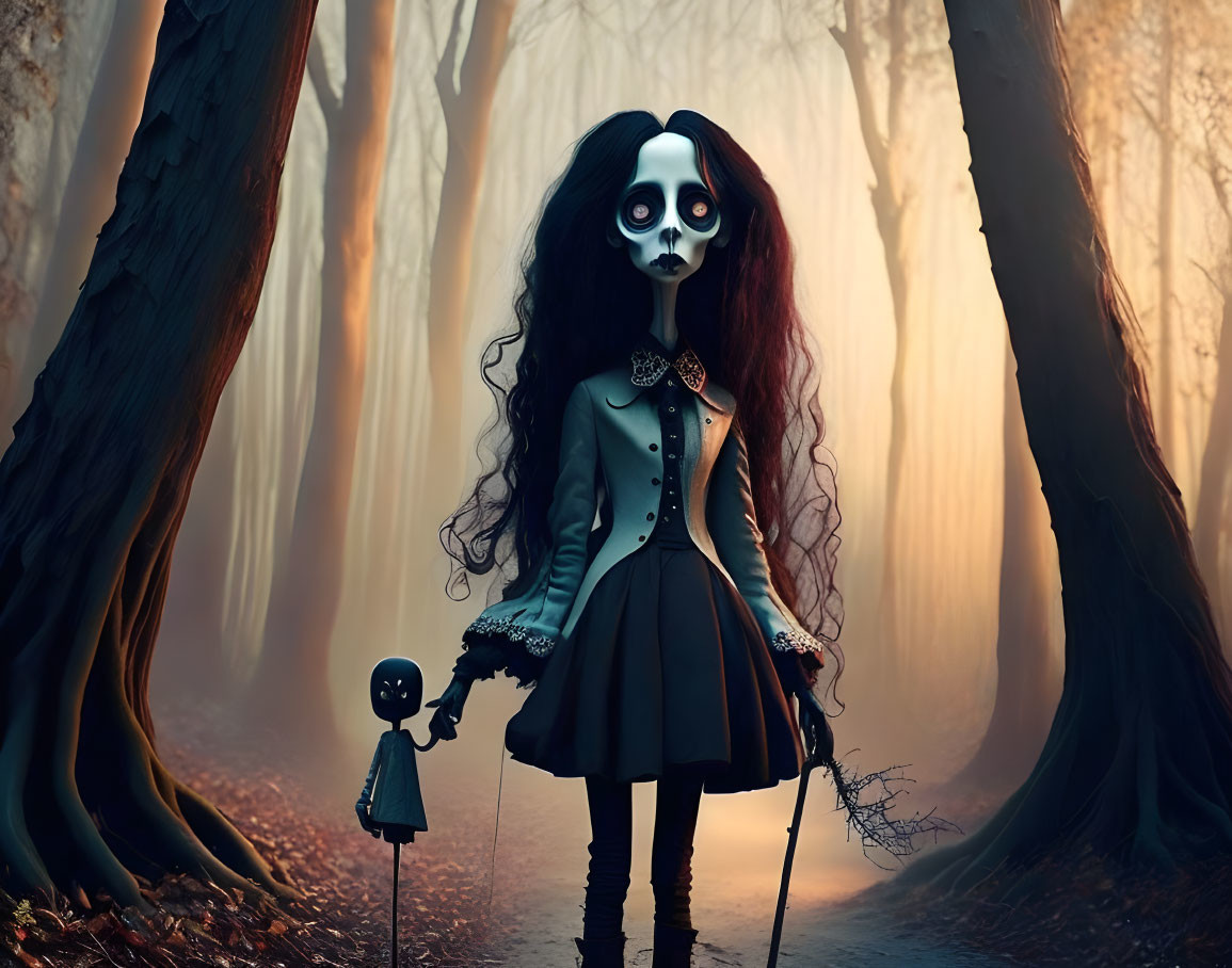 Skull-like face doll in misty forest with smaller doll