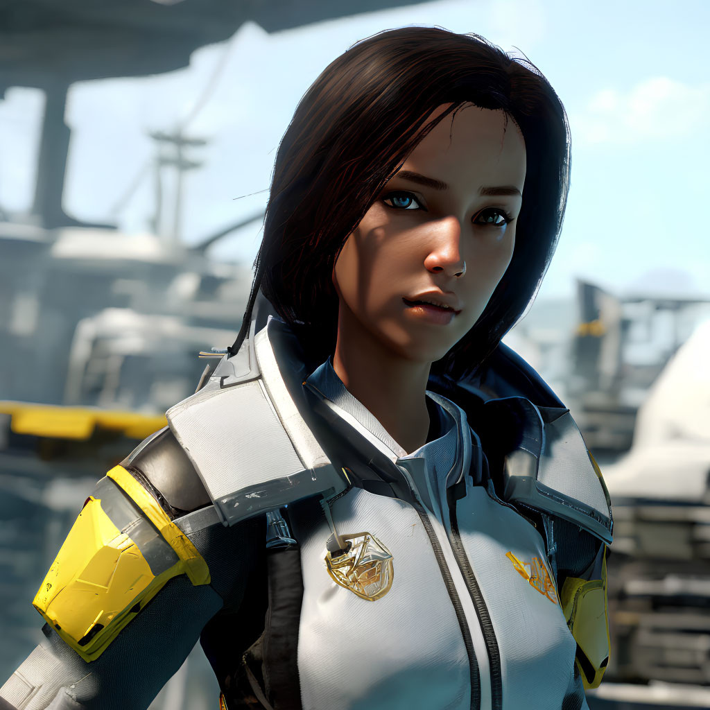 Futuristic woman in white and yellow suit with badge, industrial backdrop