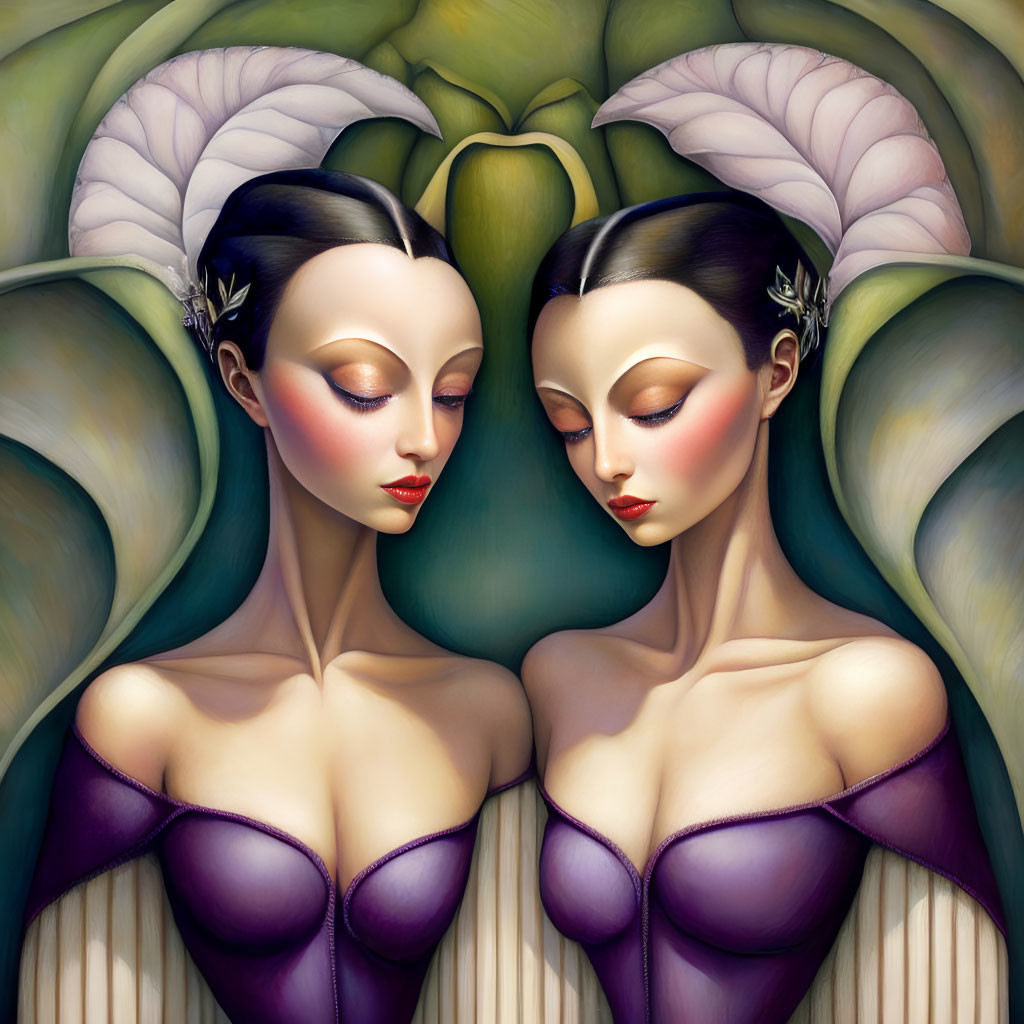 Twin fantasy women in symmetrical portrait with pale skin, dark hair, purple dresses, against leaf