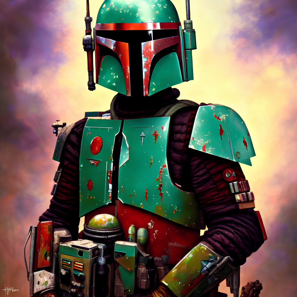 Detailed Portrait: Mandalorian Armor with Green and Red Helmet, Battle Scars, Blaster