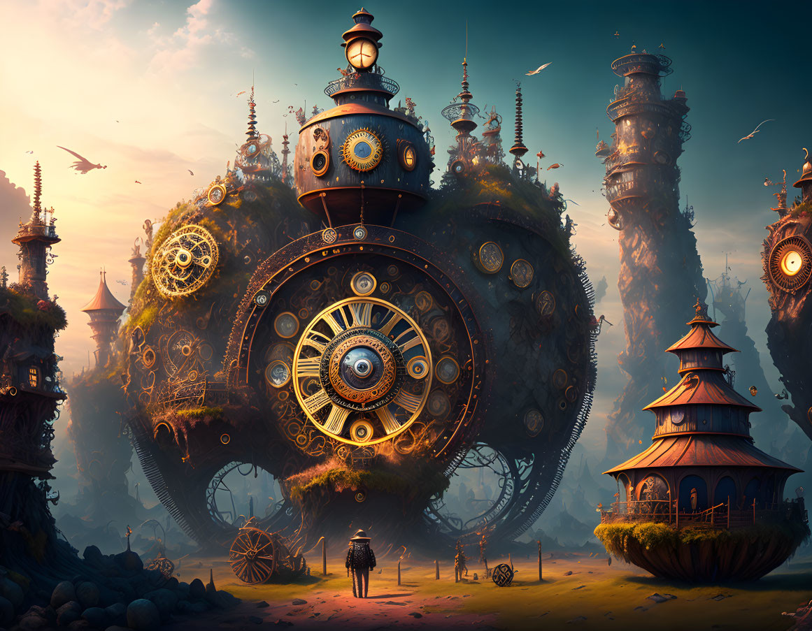 Steampunk landscape with clockwork structures and mechanical birds under warm hazy sky