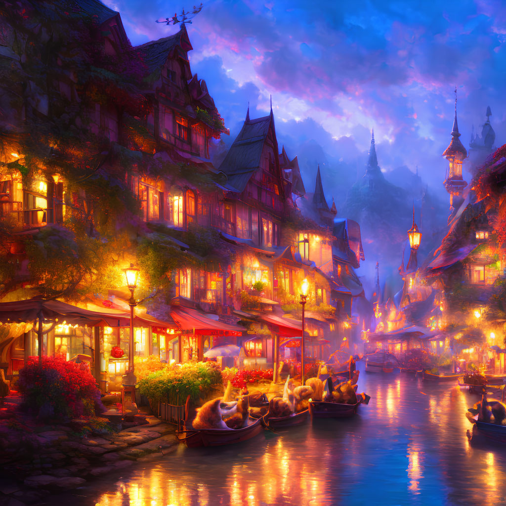 Enchanting fairy-tale village at dusk with cozy houses and boats on a canal