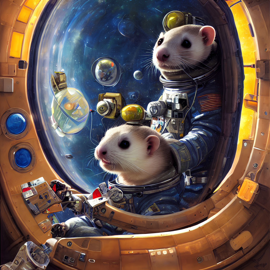 Astronaut rats in spacecraft observing outer space with buttons and floating objects