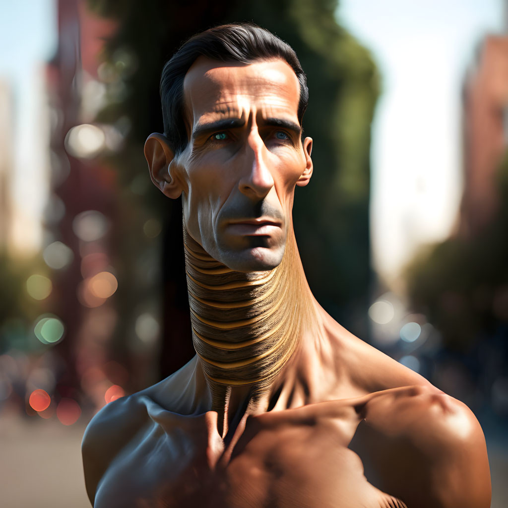 Stylized 3D Man with Exaggerated Features in Urban Setting