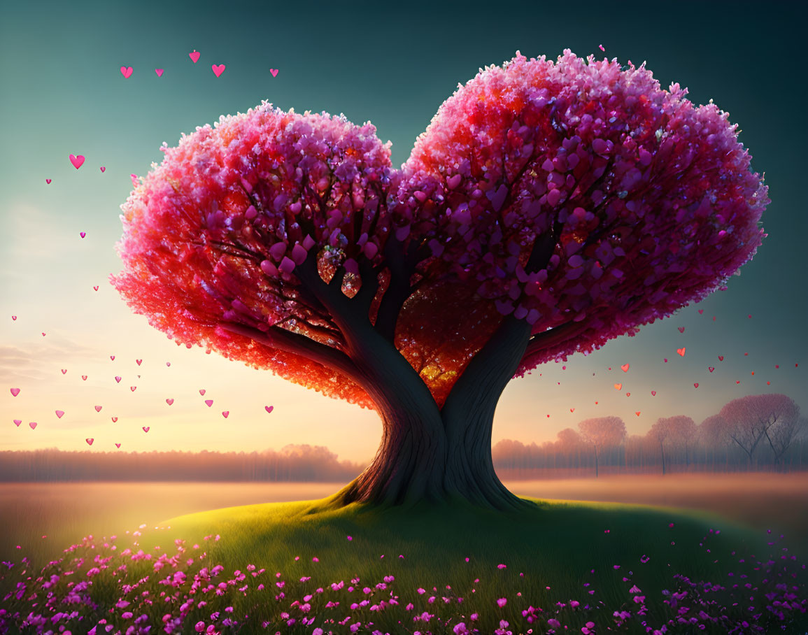 Digital Art: Whimsical Trees with Heart-Shaped Blossoms