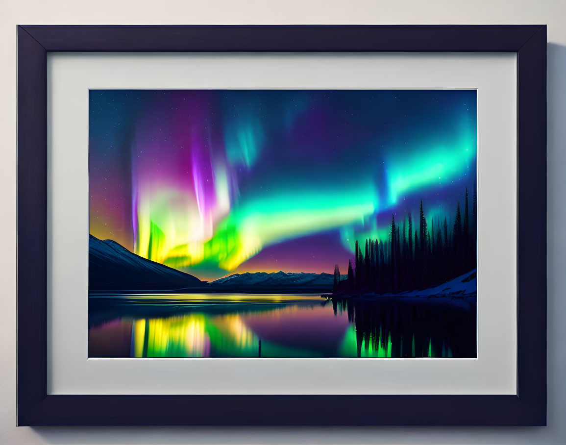 Aurora Borealis Over Lake with Mountain Silhouettes