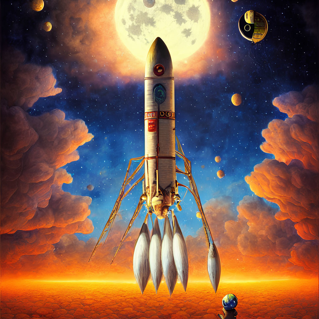 Fantastical rocket with legs ready for liftoff amidst Earth, whimsical moon, and planets